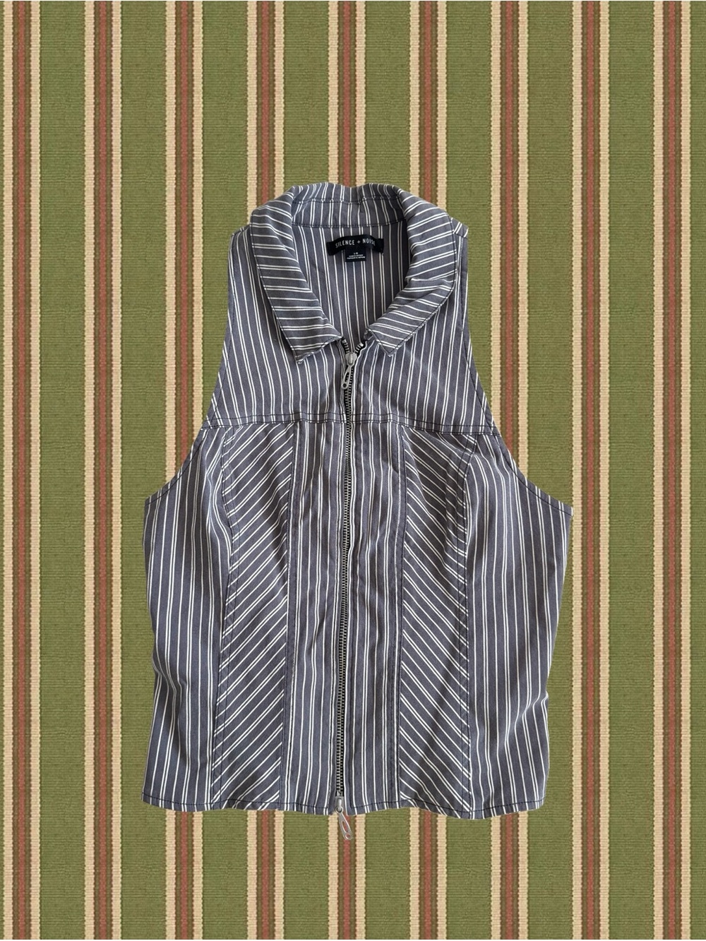 Striped Zip Front Sleeveless Top - Grey/White